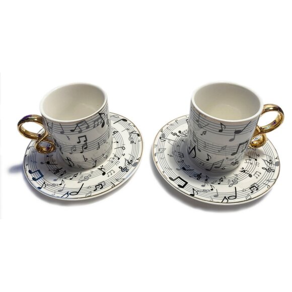 Mazeology Other - 2 Sets of NEW Black & White Music Design Bone China 2-Piece Espresso Set w/Gol…